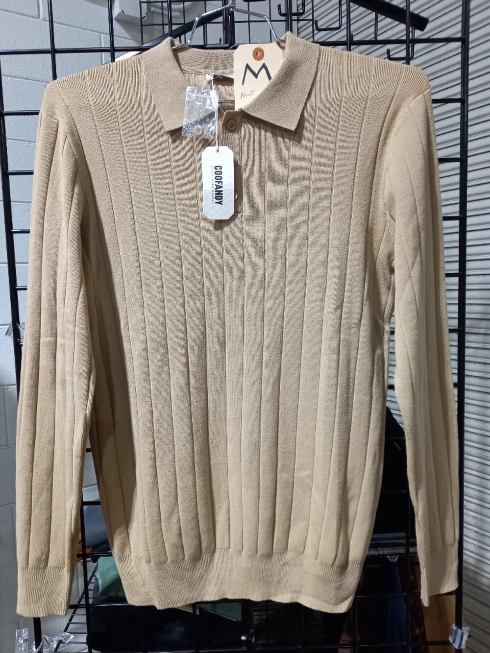 Men's Long Sleeve Ribbed Knit Polo Sweater - Tan | Medium